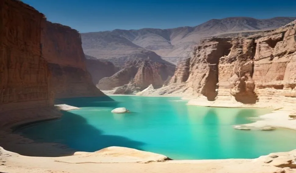 مسبح وادي شاب الفيروزي بين الصخور في عُمان