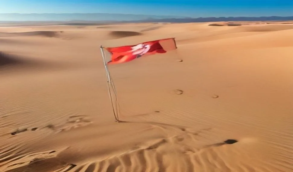 كثبان صحراء تونس الذهبية تحت سماء زرقاء صافية