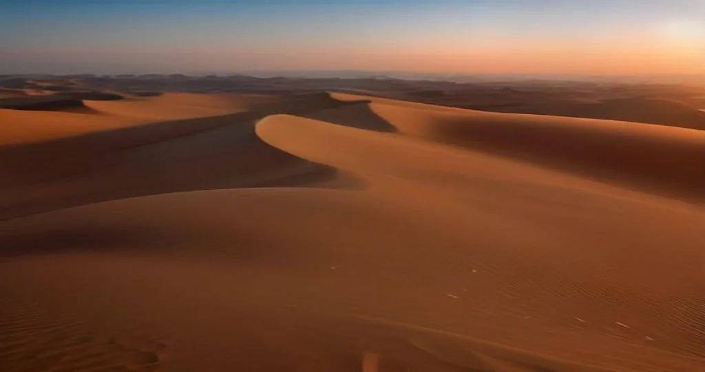 كثبان رملية ذهبية في الصحراء الجزائرية عند الغروب